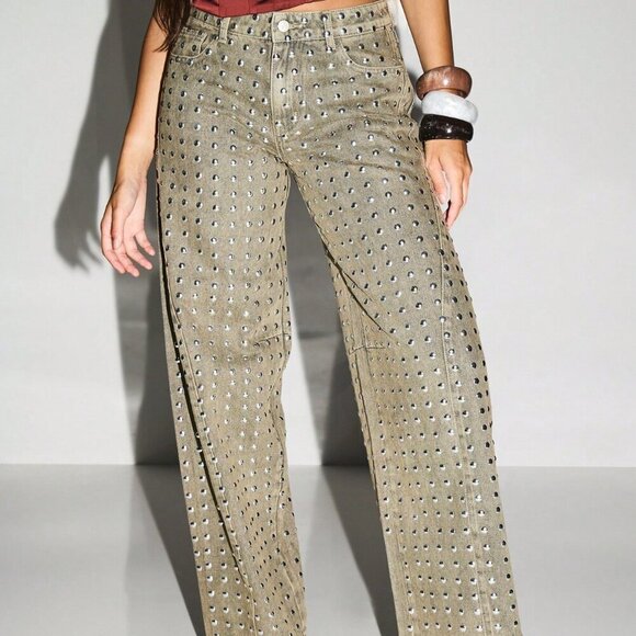 Women's Wide Leg Metallic Studded jean Bottoms Pants - Picture 2 of 5